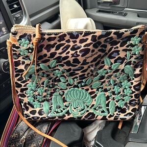 Consuela Leopard and Green Embroidered Crossbody Bag